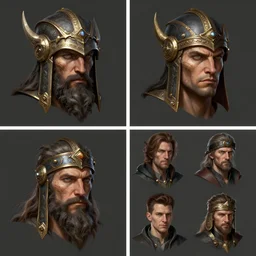 2x2 item concept art grid of legendary loot headgear by artgerm and Craig Mullins, James Jean, Andrey Ryabovichev, Mark Simonetti and Peter Morbacher 16k
