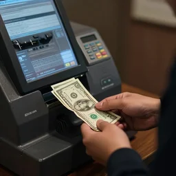 paying your last dollar bill at a cash register trending on artstation dark lighting