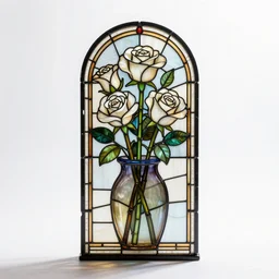 stained glass white roses in vase, high detail photograph, full body, isolated on a pure white background, centered, entire subject in frame, sharp focus, soft studio lighting
