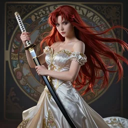 dslr photo of beautiful erza scarlet wearing a elegant dress, standing holding a katana that is very detailed, portrait photo, real photo, real camera, extreme detailed face and body, high quality, moody lighting, fast paced lines, sharp quality, artgem, enchanting lighting, 8 k, art by alphonse mucha and greg rutkowski