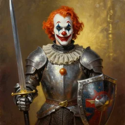 greg manchess oil matte portrait painting, circus clown knight, sword and shield, wonderful masterpiece highly detailed, scifi, beautiful cinematic light deep focus, elegant, digital painting, smooth, sharp focus, golden ratio, dramatic illumination, ultra realistic, 4 k, art by greg rutkowski wlop rossdraws