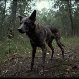 trailcam footage of a deformed quadruped dog creature with scary pointy skinny limbs, uncanny valley, liminal, creepypasta, nightmare