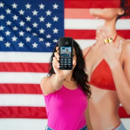 a woman in a pink top holding up a cell phone in front of an american flag wall with an american flag behind her and a woman in a red bikini top with a gold ring on her left hand, and a finger, and, a picture by isabel naftel, instagram, superflat, full body, sensual, colorful