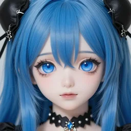 dollfie face portrait gothic, blue hair, blue and bright eyes, zoom in, highly detailed