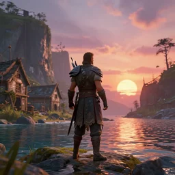 full length portrait of a male warrior exploring a mysterious abandoned village near a coastline, rendered in bryce 3 d, ray - tracing, water ripples, sunset, vibrant color, mysterious atmosphere, depth of field, cinematic lighting, focused, rule of thirds, trending on artstation, art by greg rutkowski