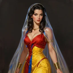 Full portrait of Elementalist, female, gorgeous, beautiful face, Red and blue garments, yellow robes, brass bracelets, transparent cloak from neck to ankles, pin-up, highly detailed, detailed face, smooth, sharp focus, digital painting, illustration, by by Albert Aublet, Krenz Cushart, WLOP and Sakimichan, artstation, chiaroscuro