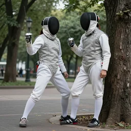 Cyberpunk fencer leaning towards the right with a park