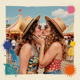 two women kissing at a carnival, mixed media collage, retro, paper collage, magazine collage, acrylic paint splatters, retro psychedelia,