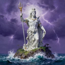 gigantic marble statue of the god of the sea wielding a trident on an island. roiling waves at the base. scene lit by lightning. thunderclouds in the background. fantasy setting. purples and greens. fantasy aesthetic. extremely detailed. 4 k. painting with curved brush strokes