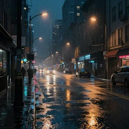 rainy night city street, headlights, street lights, neon, reflections, cyberpunk vibe, procreate digital painting, cgisociety
