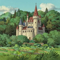 castle between forest and fields in Studio Ghibli style