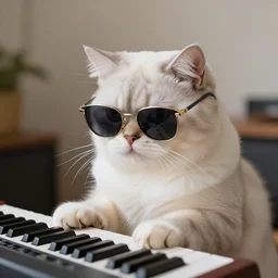 fluffiest cat in the universe wearing sunglasses playing keyboards