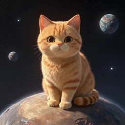 A fuzzy orange cat sitting on a planet in space, full of details, by Makoto Shinkai and thomas kinkade, Matte painting, trending on artstation and unreal engine