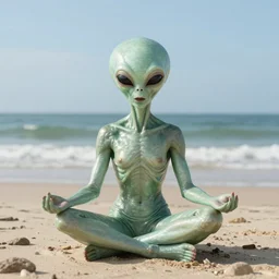 “meditating alien on the beach”