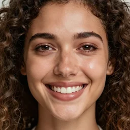 portrait photo of a beautiful woman with curly hair smiling and crying, close - up shot, symmetrical face, symmetrical teeth, facing the camera, symmetrical detailed defined eyes, sad smile, one long tear below the left eye
