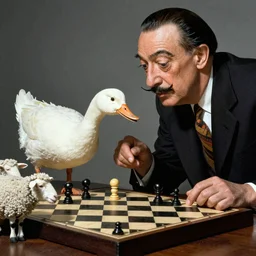 Salvador Dali duck playing chess with sheep