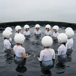 realistic photo of a group of common girls in white tights, wearing white spherical helmets, spherical hats, in a big pool with dark black oil water, in a center of the pool with grey black mercury oil water, the sky is grey 2 0 0 0, life magazine photo,