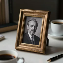 a small picture frame on the desk, a cup of coffee, hyper realistic style, intricate details, dramatic cinematic lighting by john frederick peto and lengjun