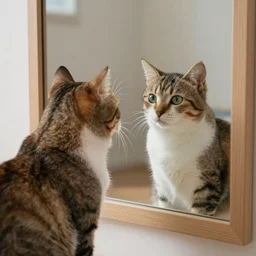 a cat looking into a mirror and seeing its reflection, 4k
