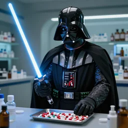 darth vader as a pharmacist using his light saber to count pills on a tray, hyperrealistic, art station,