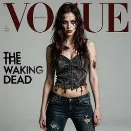 zombie from the walking dead. studio photo feminine pose. vogue magazine cover with text. highly detailed