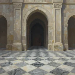 a beautiful painting by stone fantasy arch on a checkered marble ground inside the kingdom walls, artstation, brian kesinger,