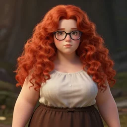 highly detailed, digital art, pixiv fanbox, trending on artstation, ray tracing, volumetric lighting, sharp focus, hq, fallout 4 style character, a portrait of chubby body redhead girl with soft curl long hair and glasses, wearing a skirt, by artgerm, wlop, greg rutkowski, miyazaki hayao