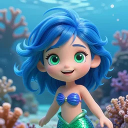 a mermaid with beautiful green eyes, bright blue hair and a happy face. 3 d hyper - realistic photo. background blooming corals in crystal clear water