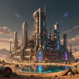 a beautiful detailed rendering of asylum city industrial architecture building urbex by john constable, desert retro extraterrestial magic realism retrowave otherworldly apocalyptic nature at dusk neon noir cosmic wilderness tron lake assassin's creed bioshock, archdaily, wallpaper, highly detailed, trending on artstation.