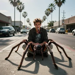 tom waits with the body of a spider, smoking a pipe, on the streets of san diego