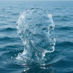 water artwork manipulation in the shape of a human head, on the ocean water, ray tracing, realistic water sharp focus, long shot, 8 k resolution, cinematic, amazing water art, hyper - realistic