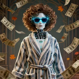 portrait, anthropomorphic 🤖, striped bathrobe, curly hair, electric sunglasses, surrounded by floating autumn dollar bills, fantasy, detailed, intricate, luminescent, elegant, coherent, by mandy jurgens, hannah yata and kay sage, donato giancola, detailed, artstation, cinematic lighting, artdeco, art deco outrun aesthetic