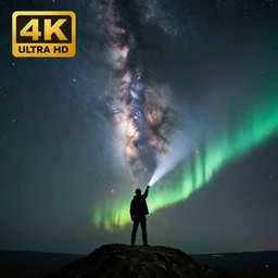 4K Epic Ultra HD detailed award-winning wallpaper silhouette of lonely man standing on rock holding a flashlight looking at huge vast sky universe Milky Way aurora
