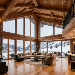 interior view of a luxurious ski chalet, high ceilings, polished hardwood floors, sublime architecture, maximalist decor, beautiful lighting, huge windows, located in Norway