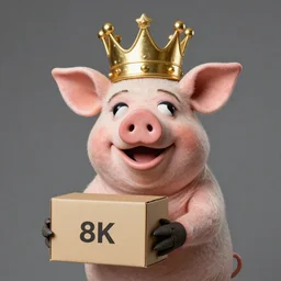 pig wearing a gold crown depicted as a muppet holding box 8k