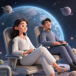 two people in space chilling, animated, highly detailed, elegant, 4K