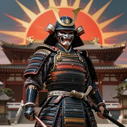 a godlike and indomitable helmeted , masked and armored samurai .samurai temple and Rising sun in background. Badass pose , Photo realistic , Gregory Crewdson , Award winning. Masterpiece, exquisite detail, post processing