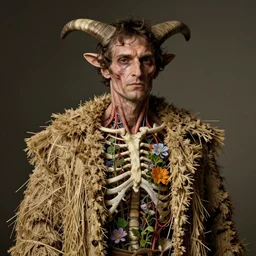 portrait of a tyrolean farmer, wearing hay coat, with horns, visible muscles and veins and arteries and bones and spines and nerves, eerie, flowers growing out of his body, detailed intricate insanely detailed octane render, 8k artistic 1920s photography, photorealistic, chiaroscuro, by David Cronenberg, Raphael, Caravaggio