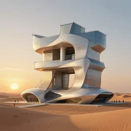 an architectural sketch of a building looking like a typographic character of zaha hadid in the desert with a sunset in the background, zaha hadid sketch, featured on art station, dezeen, typography