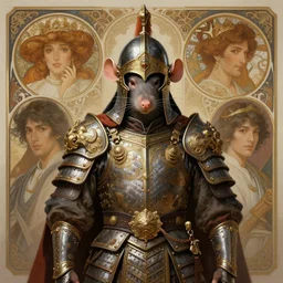 symmetry!! portrait of a rat warrior wearing detailed ornate armor and helmet, intricate, elegant, highly detailed, my rendition, digital painting, behance, concept art, smooth, sharp focus, illustration, art by artgerm and greg rutkowski and alphonse mucha and huang guangjian and gil elvgren and sachin teng
