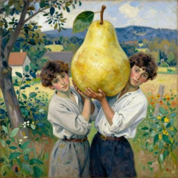 vintage beautiful painting of 2 young men carrying a big pear in a village in Mary Cassatt style
