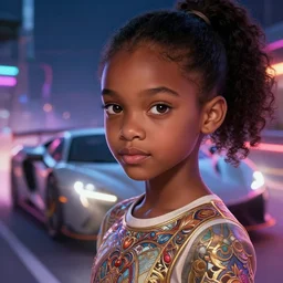 a photorealistic hyperrealistic, bright brown eyes, innocent face, wearing a gorgeous shirt, light skinned african american young girl, ponytail hair, flawless face, beautiful lips, cute face, petite, and a sports car, night life, neon glow, race, speed, lights, lens flare, deep focus, d & d, fantasy, intricate, elegant, highly detailed, digital painting, artstation, concept art, matte, sharp focus, illustration, hearthstone, art by artgerm and greg rutkowski and alphonse mucha
