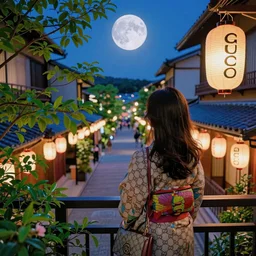 a vibrant dream of a beautiful girl wearing gucci from behind on a balcony looking out over a dreamy street in kyoto japan, lush plants, the moon is big an in the city, glowing paper lanterns, high fashion, magic details, by moebius, edward hopper, james gilleard, and james jean, hd, 8 k, trending on artstation, uhd,