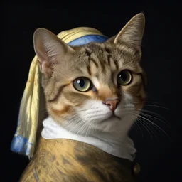 close up portrait of a cat by vermeer. black background, three - point lighting, enchanting, realistic features, realistic proportions.