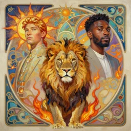 sun prince, lion king, donald glover, sol imagery, lion symbolism, digital oil painting by artgerm, greg rutkowski, mucha, masterpiece portrait | art nouveau. gloomhaven. ornate intricate detail, complimentary fire tones. sharp edges. clear detailed. 8 k. elegance