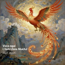 victo ngai and lfons mucha painting of a phoenix in the sky, chinese style