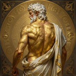 painted back portrait of rugged zeus greek god by greg rutkowski craig mullins artgerm alphonse mucha, messy gold body paint lower back, white hair handsome muscular upper body mature warm flowing robe [ ancient greek motifs ] background fantasy intricate elegant detailed digital painting concept art artstation sharp focus illustration