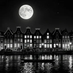 Dutch houses along a river, silhouette!!!, Circular white full moon, black sky with stars, lit windows, stars in the sky, b&w!, Reflections on the river, a man is punting, flat!!, Front profile!!!!, (high contrast), HDR, soft!!, street lanterns, 1904, illustration, shadowy figures