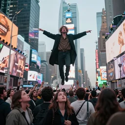 a godlike being floating in times square, crowds of people looking up, atmospheric lighting, award winning photograph