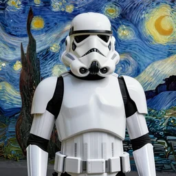 portrait of stormtrooper, mash - up between mc escher and vincent van gogh